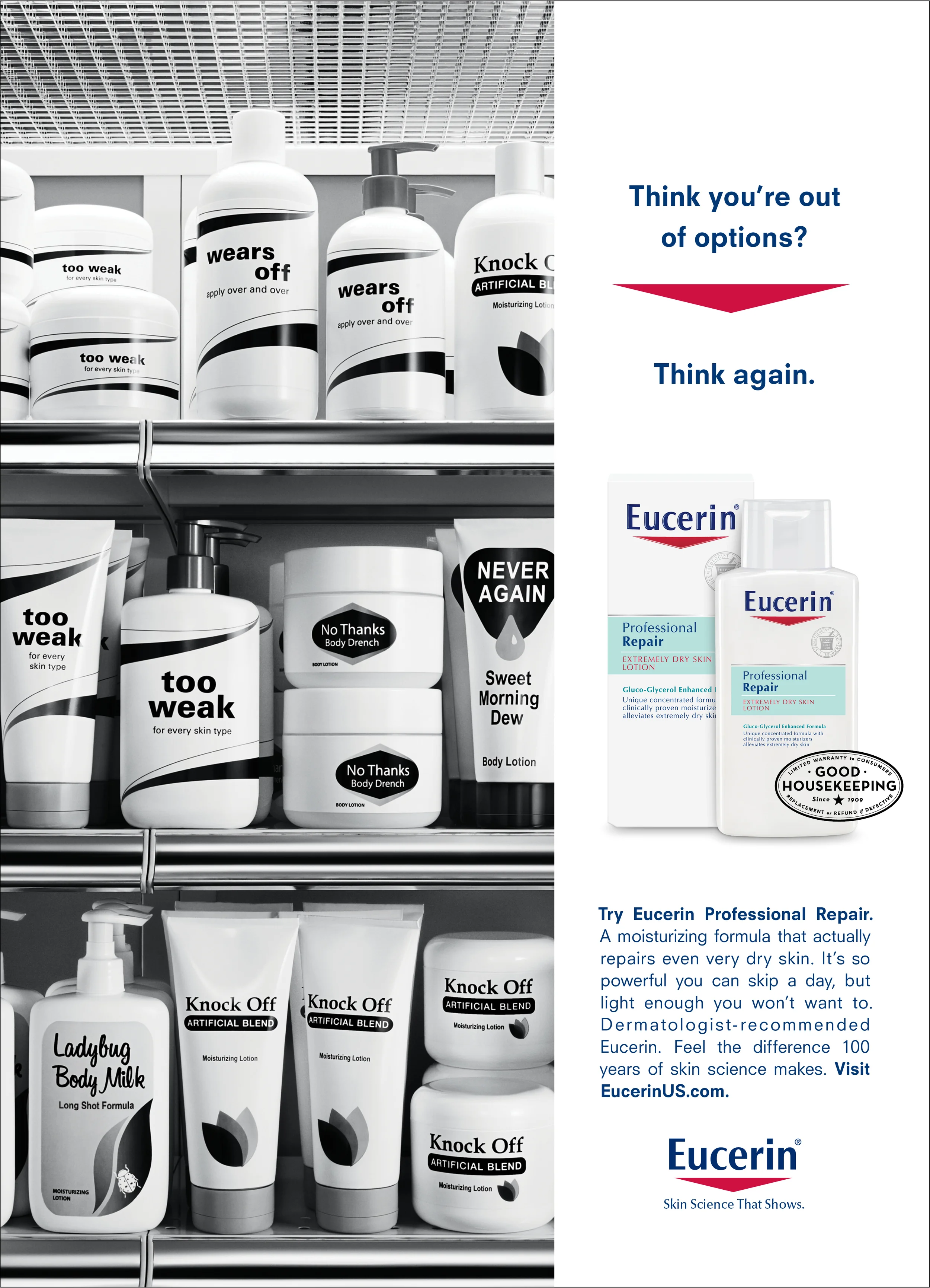   To create this print ad, we constructed and shot a shelf in studio and filled it with all of these bottles.&nbsp; I designed each bottle label to be reminiscent of a competitor brand.  