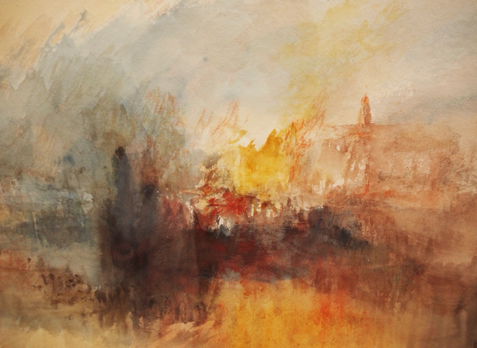 A Fire at The Tower of London, watercolour on paper