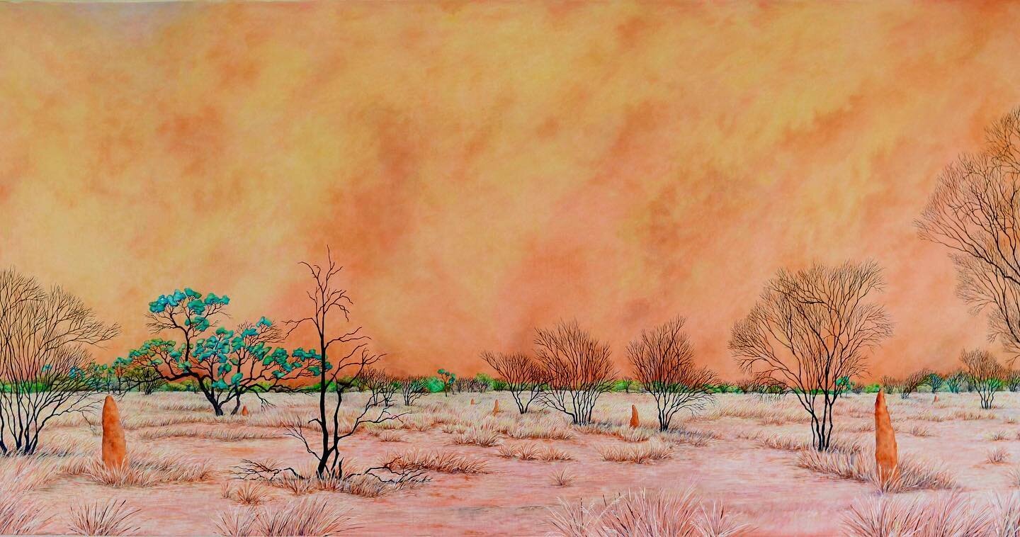 &lsquo;Rodney&rsquo;s Dust Storm~Stuart Hwy&rsquo; ink and oil on linen.  120X60cm. 
.
.
.
#australianlandscapeartist
#australianartists #artwork
#contemporaryart 
#topendlandscape #nt
#landscapeartist #topend #stuarthighway #duststorm #sold #lindajo