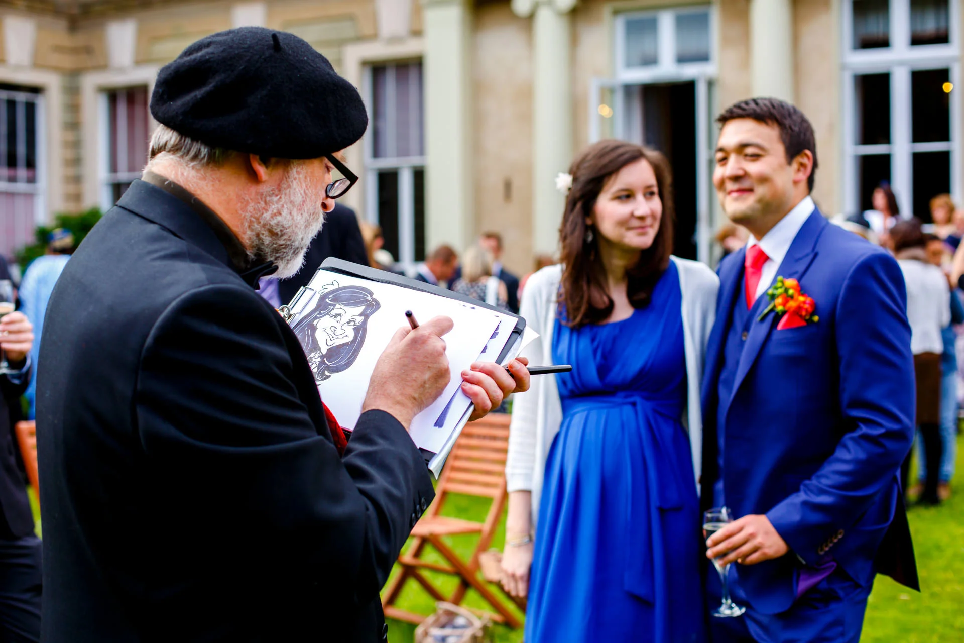 The caricaturist draws portraits of James (another school friend) and his wife Tilly...