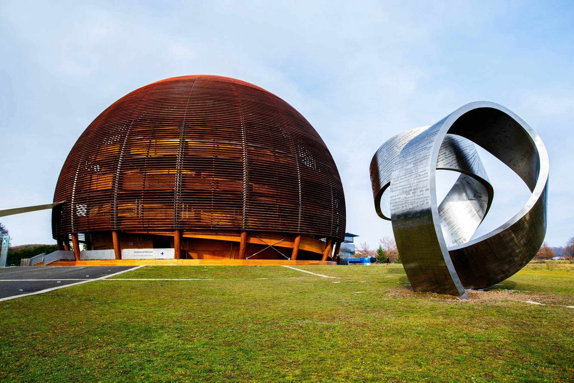 We kicked off day three with a visit to CERN. Pictured is the Globe of Science and Innovation and a sculpture by Gayle Hermick .