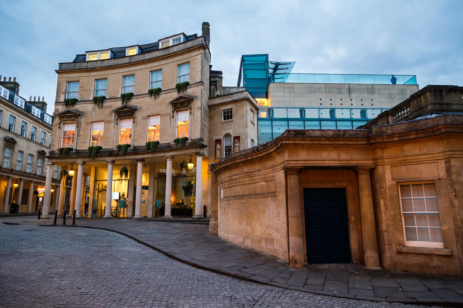 …and around the corner was the Thermae Bath Spa . To round off our stay we treated ourselves to a few hours in this spa which had a few different floors of experiences, the top floor (pictured top-right) had an open-roof heated pool!