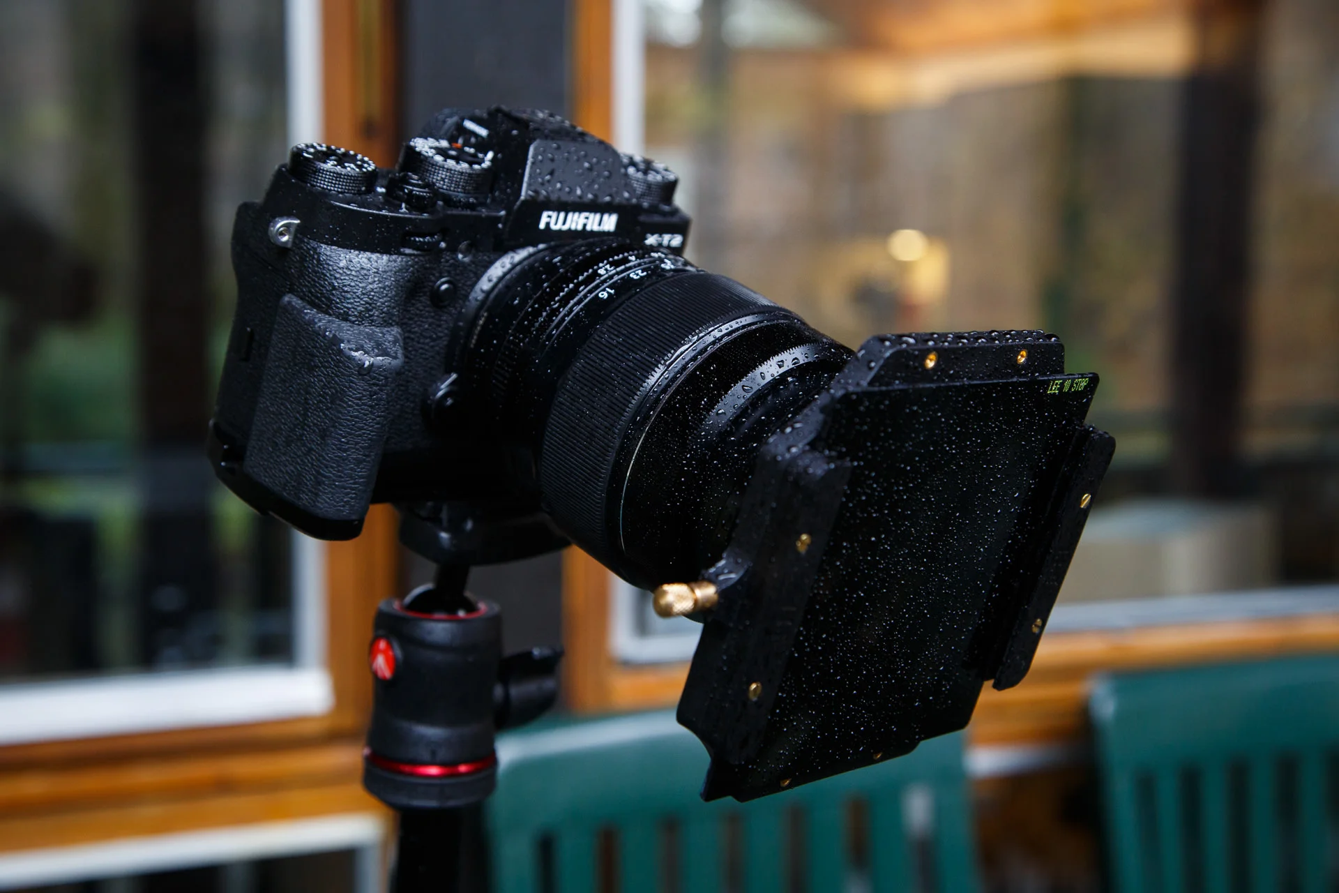 My Fuji X-T2 with the LEE Big Stopper mounted on the front (looking a bit wet!).