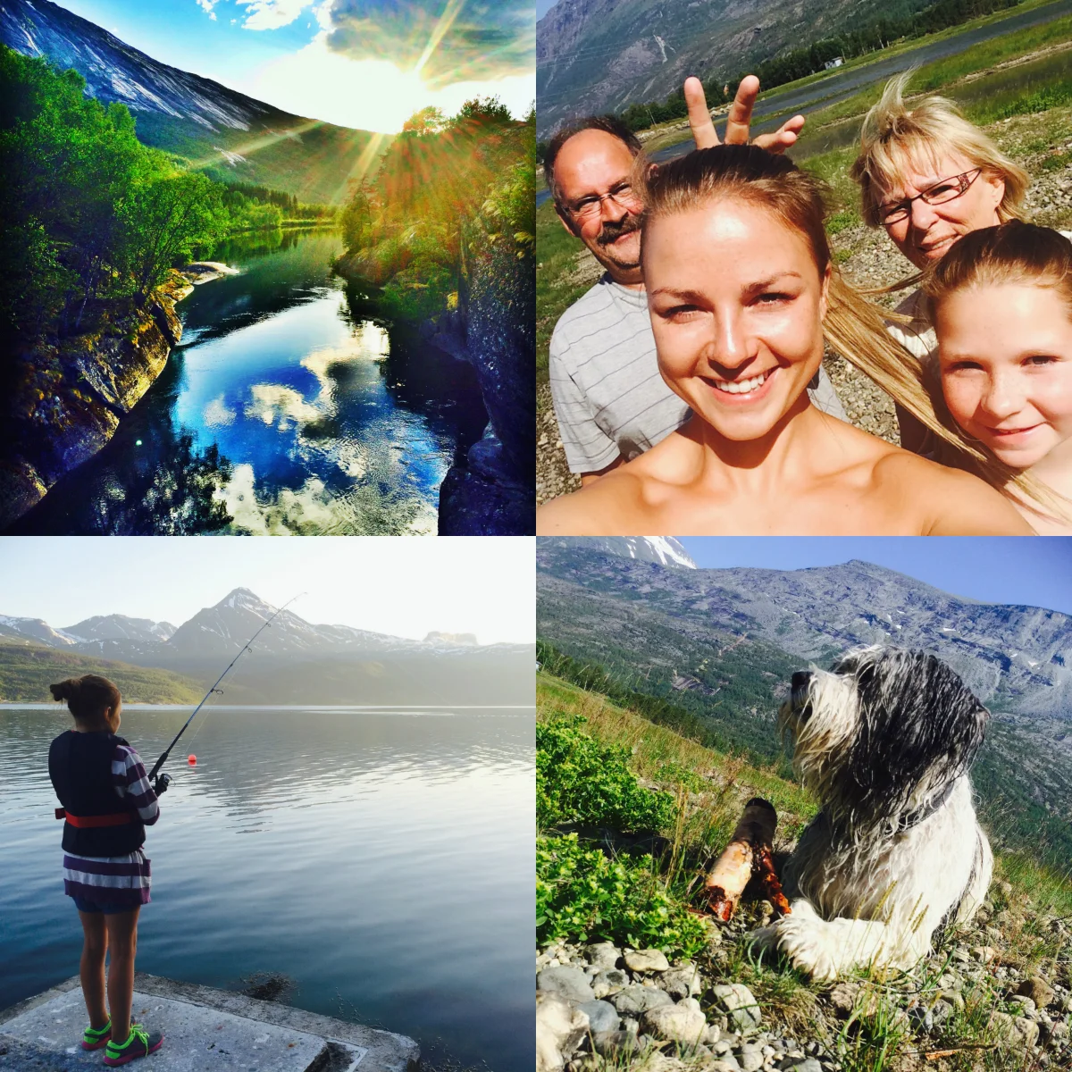 Bilder fra øverst til venstre: Kveldssolen i Skjomen. Gåtur med mommo, moffa, Hanna og meg. Fisking med kusine Hanna. Bading med Kiro. 