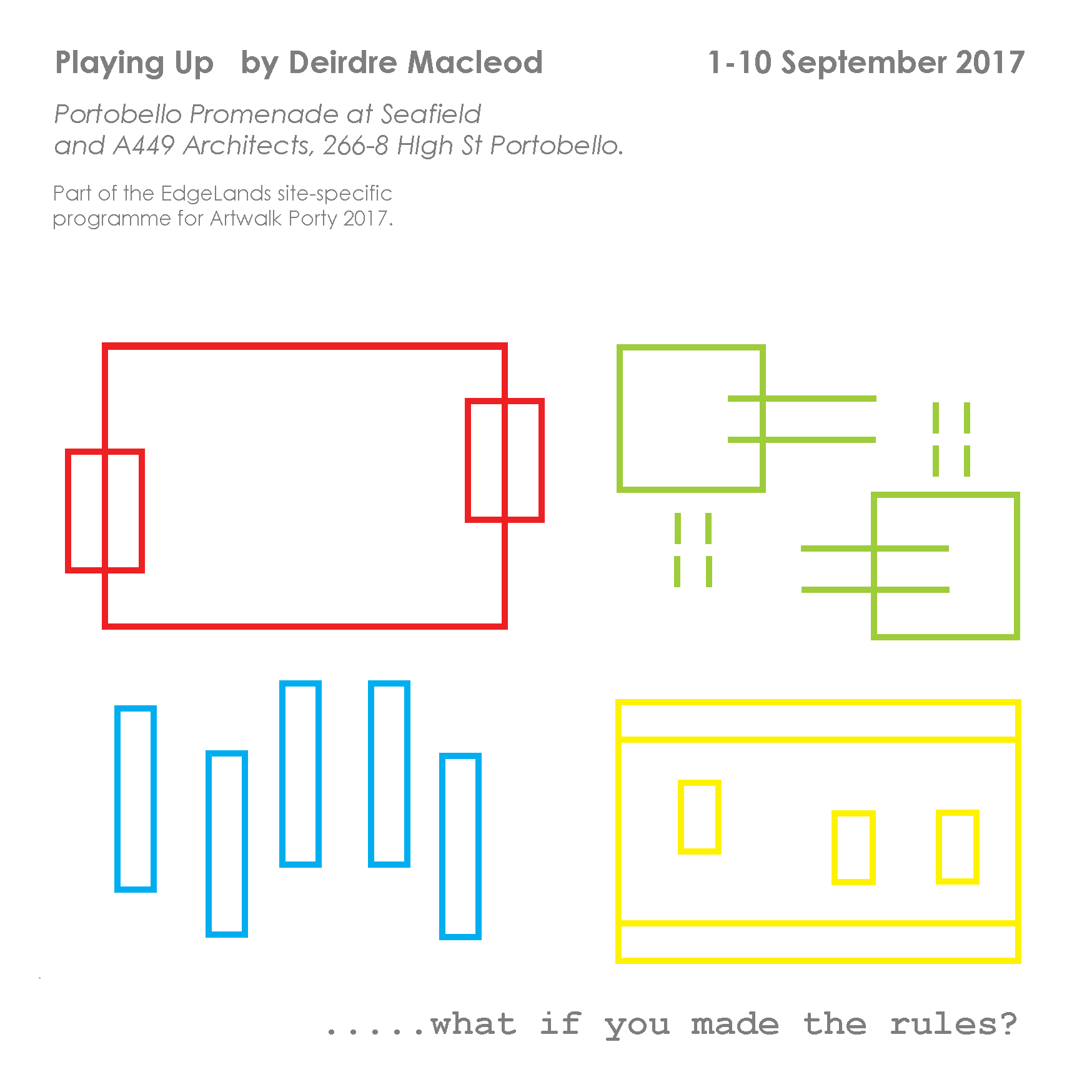 'Playing Up' has been commissioned as part of the Edgelands site-specific programme for Artwalk Porty 2017. The work is a set of ground and wall drawings in the edgeland spaces of Portobello Promenade, Edinburgh. Visitors are invited to move and play within the drawings. Inside each drawing, there are no rules...yet.