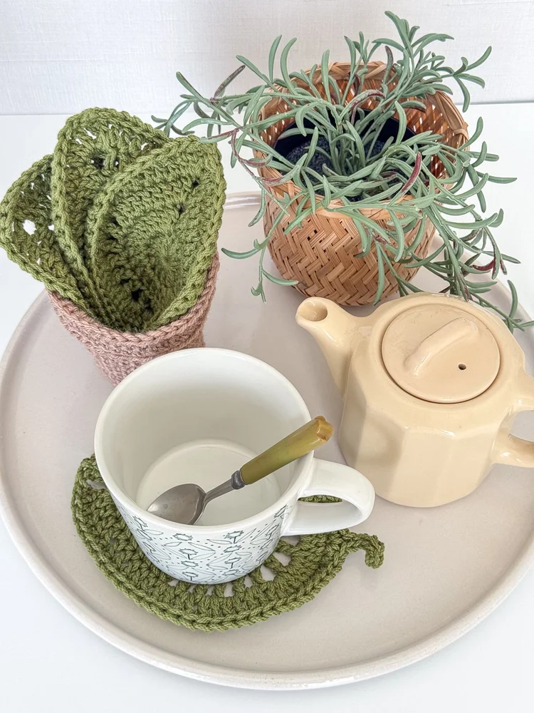 Crocheted Leaf Coasters in Crocheted 5-pc Pot Set — Sharon Holland