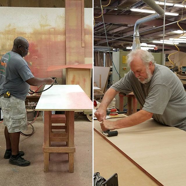 Billy and Derrick working on veneers today 
#woodshop #woodworking #millwork #customcabinets #customcabinetry #team #whitaker #raleigh #raleighnc #shoplocal #shoplocalraleigh