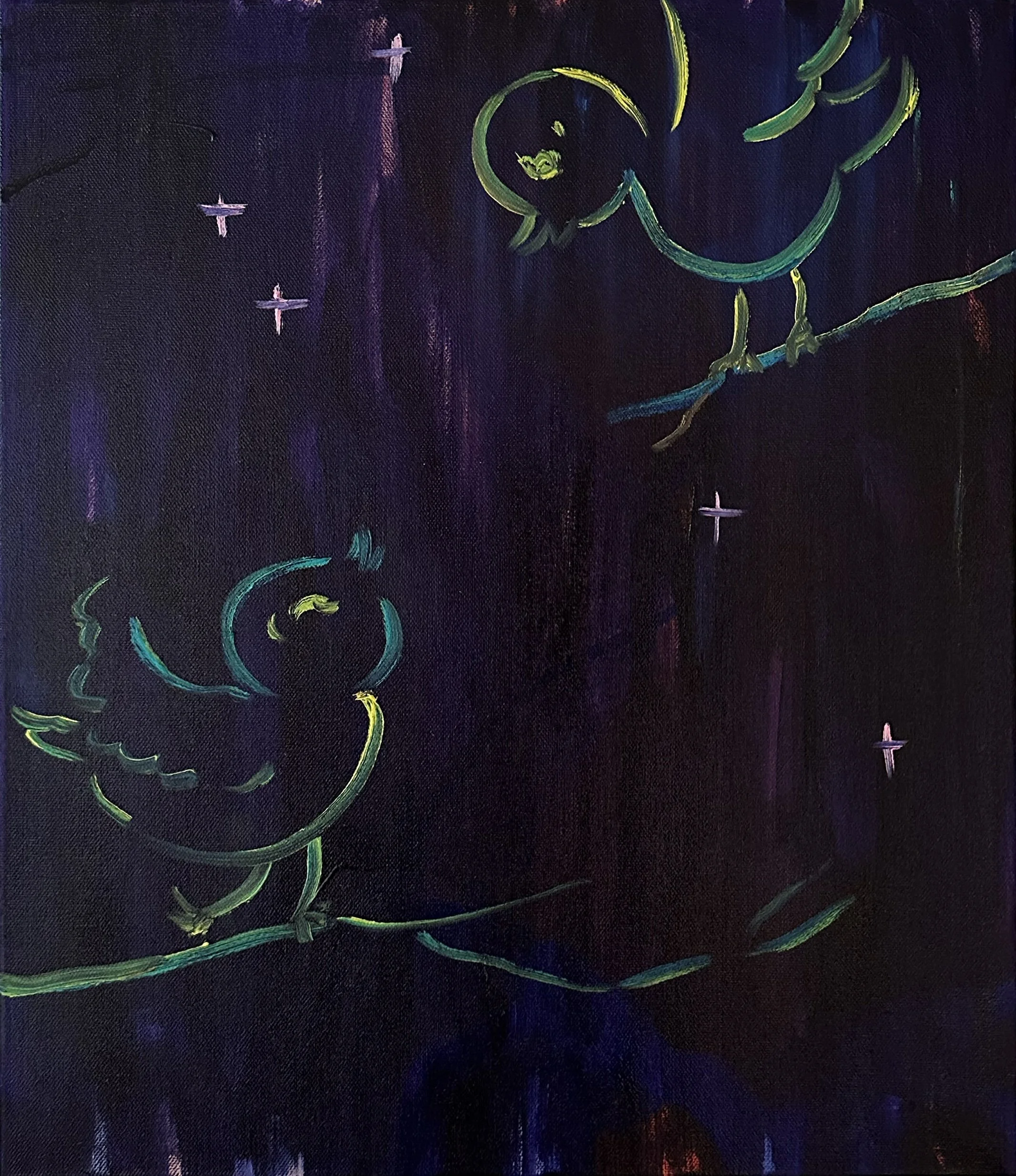 Night Lovebirds, 2025, oil on canvas, 20x16 inches