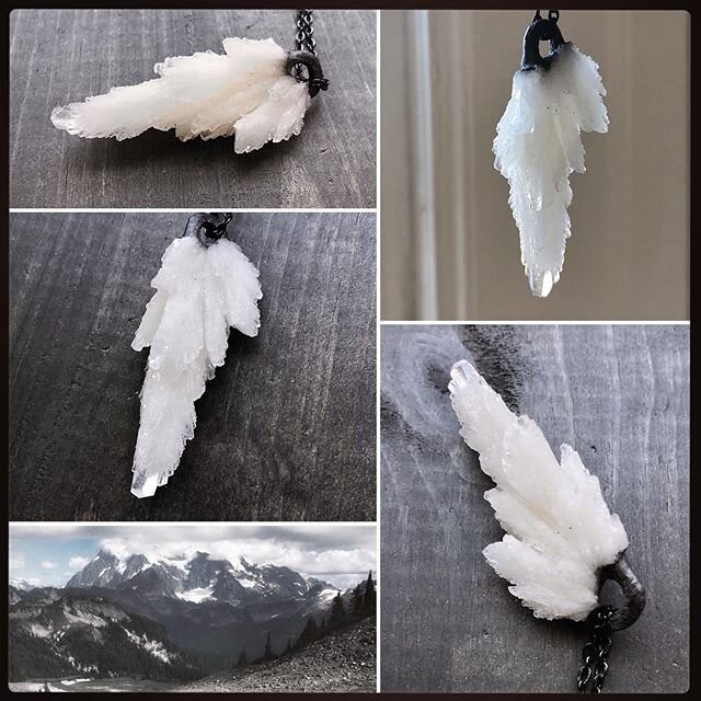 🤍 New! 𖣂 Highly unique and unusual Angels Wing Calcite pendant is an exciting new mineral to the SIGIL jewelry line! .
.
.
This eye-catching mineral has a unique feathered look and shape. In addition to the unique natural &ldquo;feather&rdquo; appe