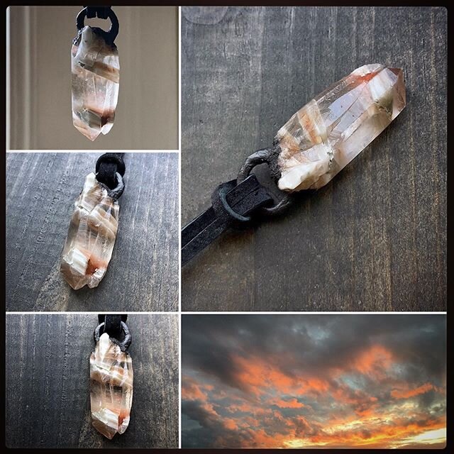 🔥 Still Available! 🌅 Fiery and unique Amphibole quartz pendant on suede leather cord is Available now. Mineral has twin terminating points, and defined bands of hematite over an otherwise clear-opaque structurally-raw body.

The Process:

I begin b