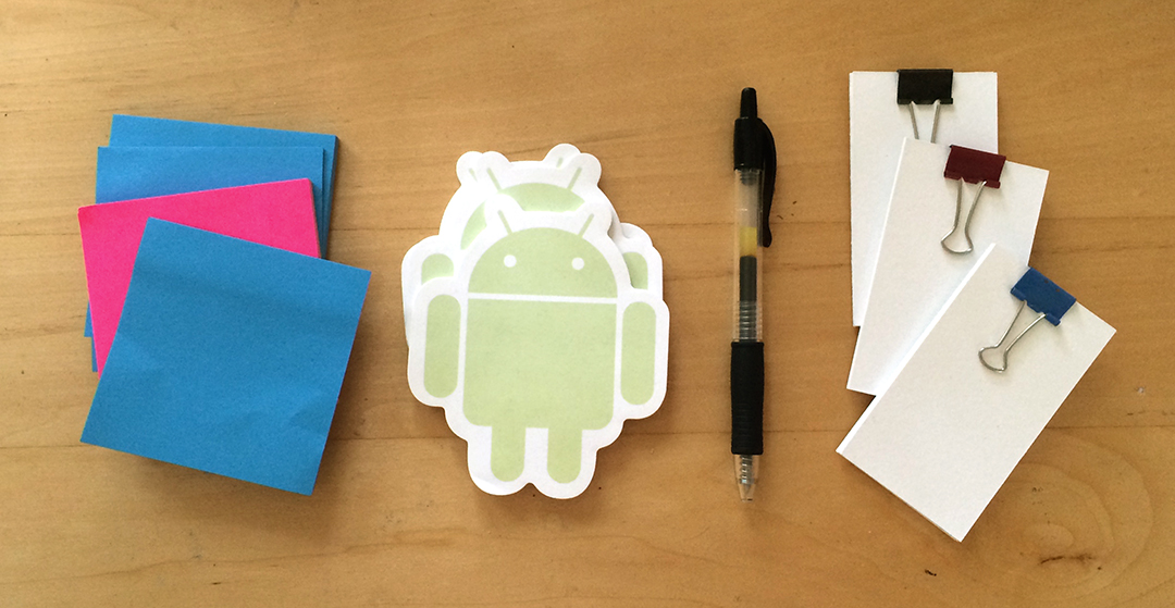 tools of the trade: post-its; android notepads; pilot G5; custom tiny notebooks