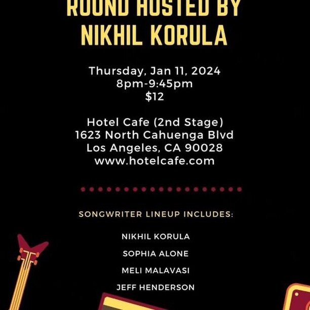 Happy new year you crazy kids! Been waiting to announce this for a bit: I'm on the bill for the first Songwriters in the Round showcase for 2024 at the Hotel Cafe in Hollywood on Thursday, Jan 11 from 8-9:30pm! Woo hoo! Great lineup, hosted by the gr