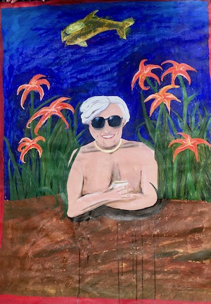 Ancestral Knowledge: A painting I did 15 years ago representing three generations. The figure is my grandmother, the lilies are my mom's favorite flower and she planted them in the yard of the house I grew up in, the whale is me (even though I'm not a huge Orca whale fan) because I love whales and lived in the Northwest for 13 years. 