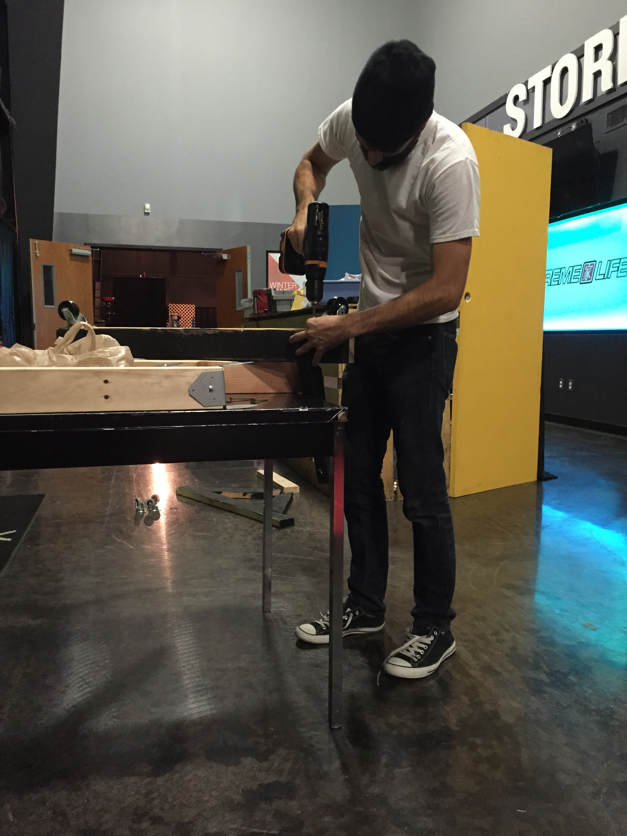 Denton working on the new door frame.