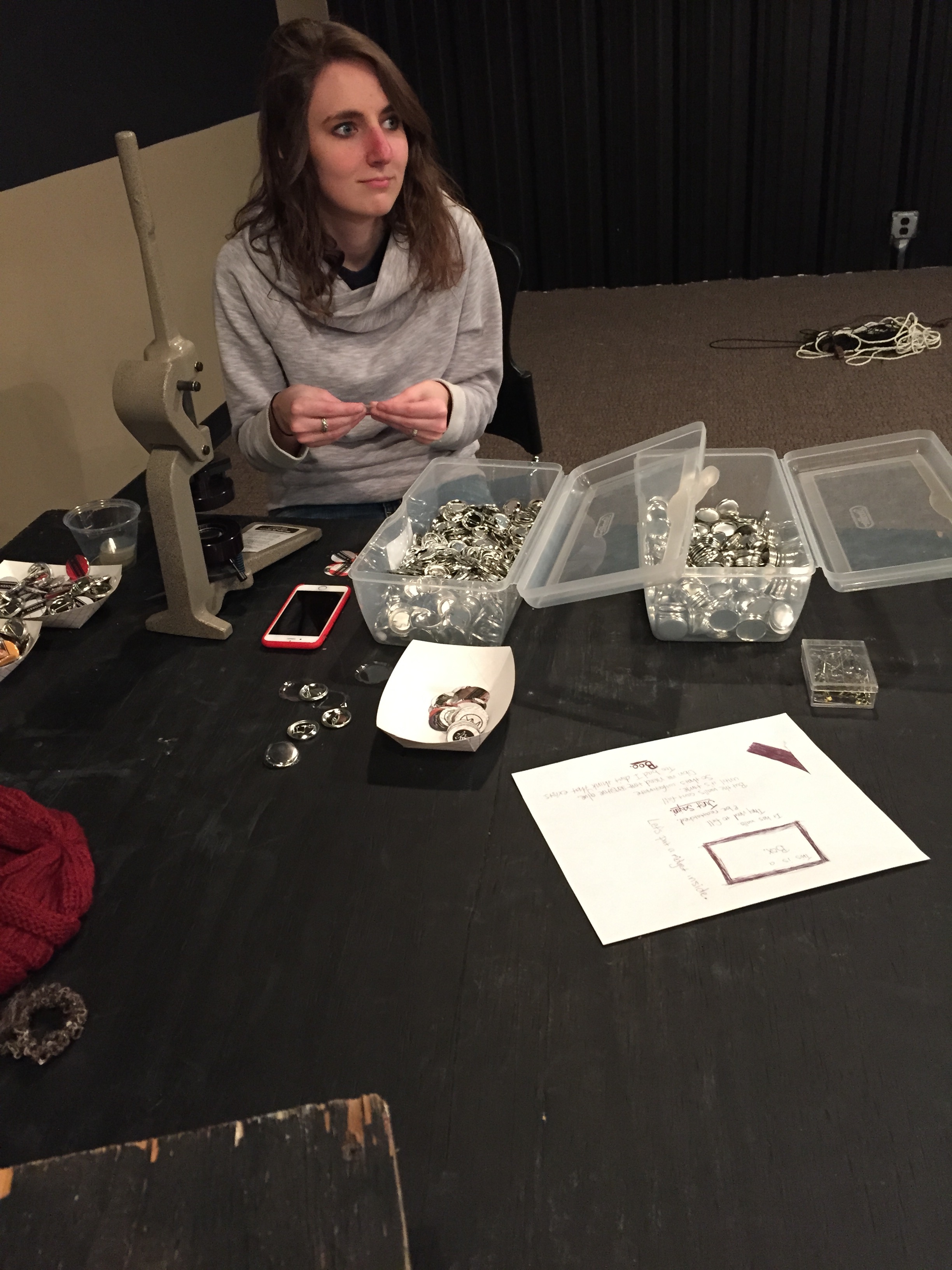 Francynce making buttons for a sermon token