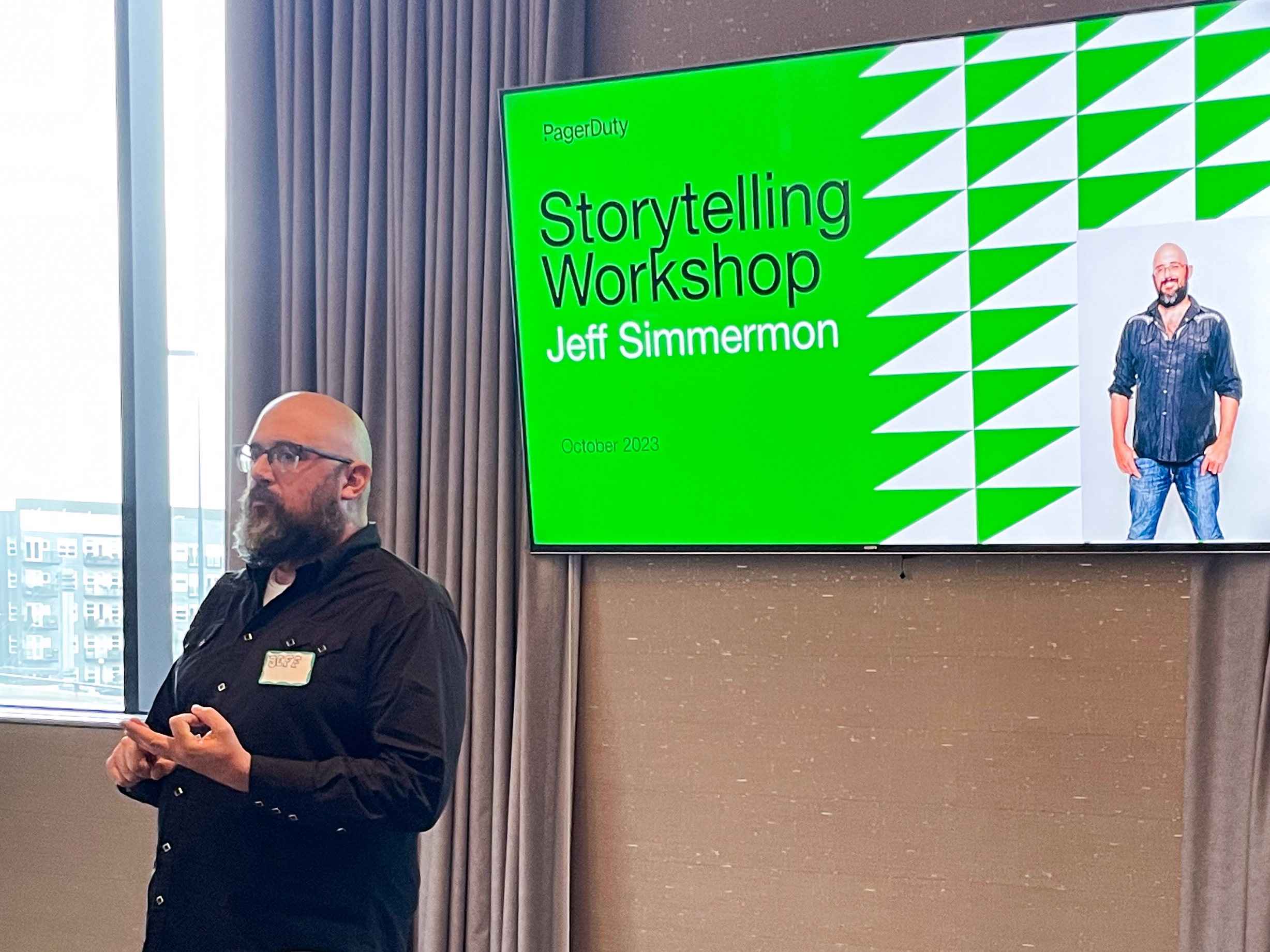 Jeff Simmermon leading an in-person storytelling workshop for PagerDuty.
