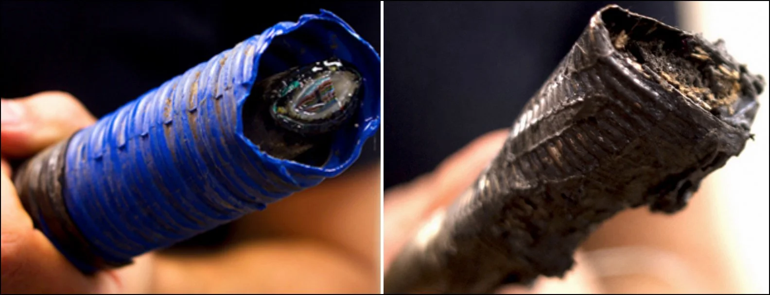 Healthy fiber-optic cable shown beside cable melted by an underground electrical fire during a Time Warner Cable service outage.