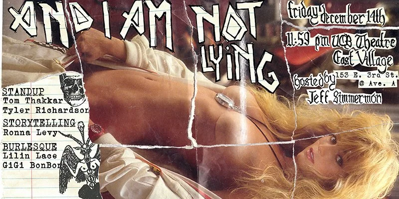 And I Am Not Lying December 2018 show poster made from a torn and reassembled vintage Playboy centerfold, with hand-lettered title and performer information.