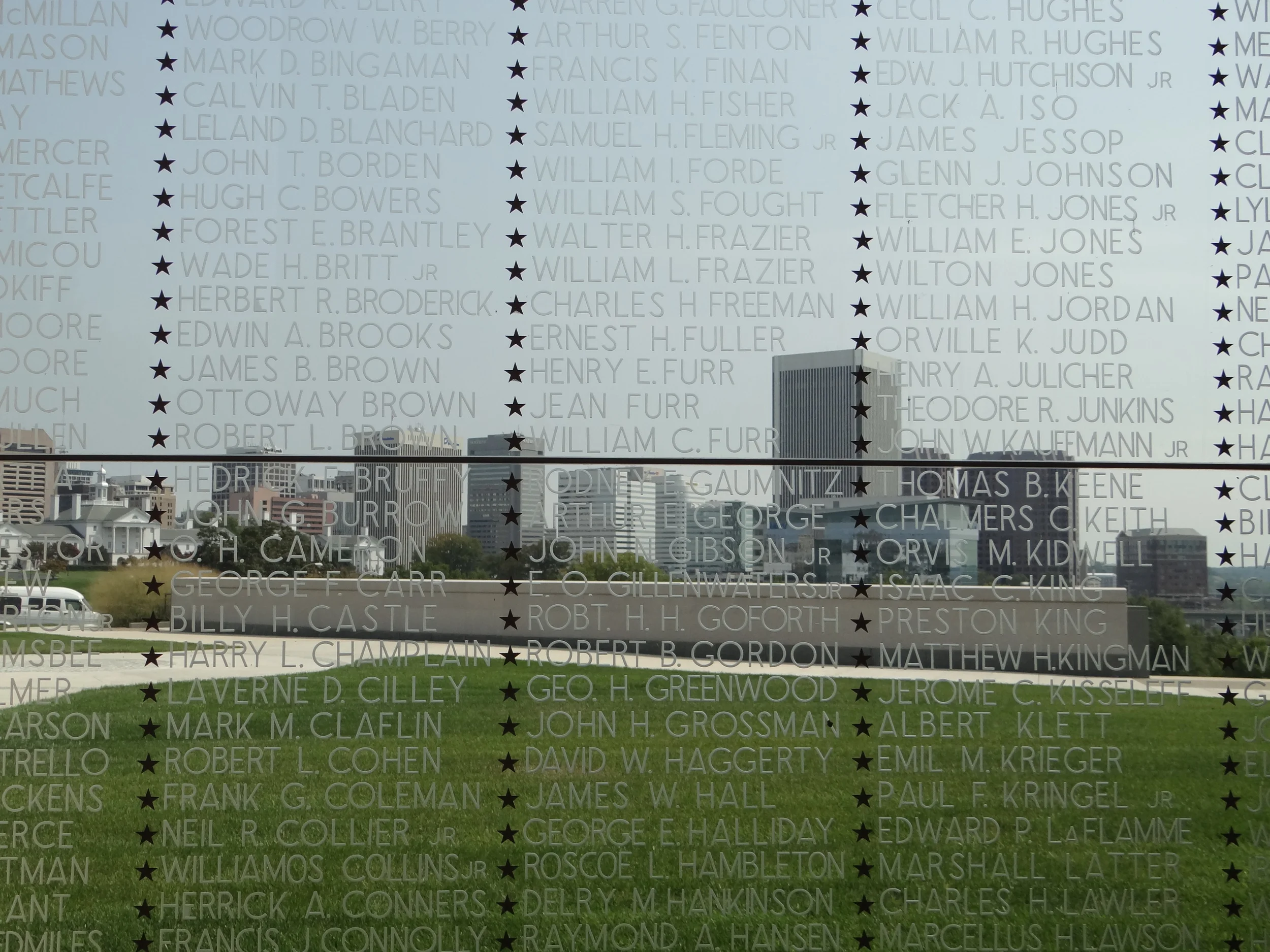 Downtown RVA through the War Memorial's Wall of Honor