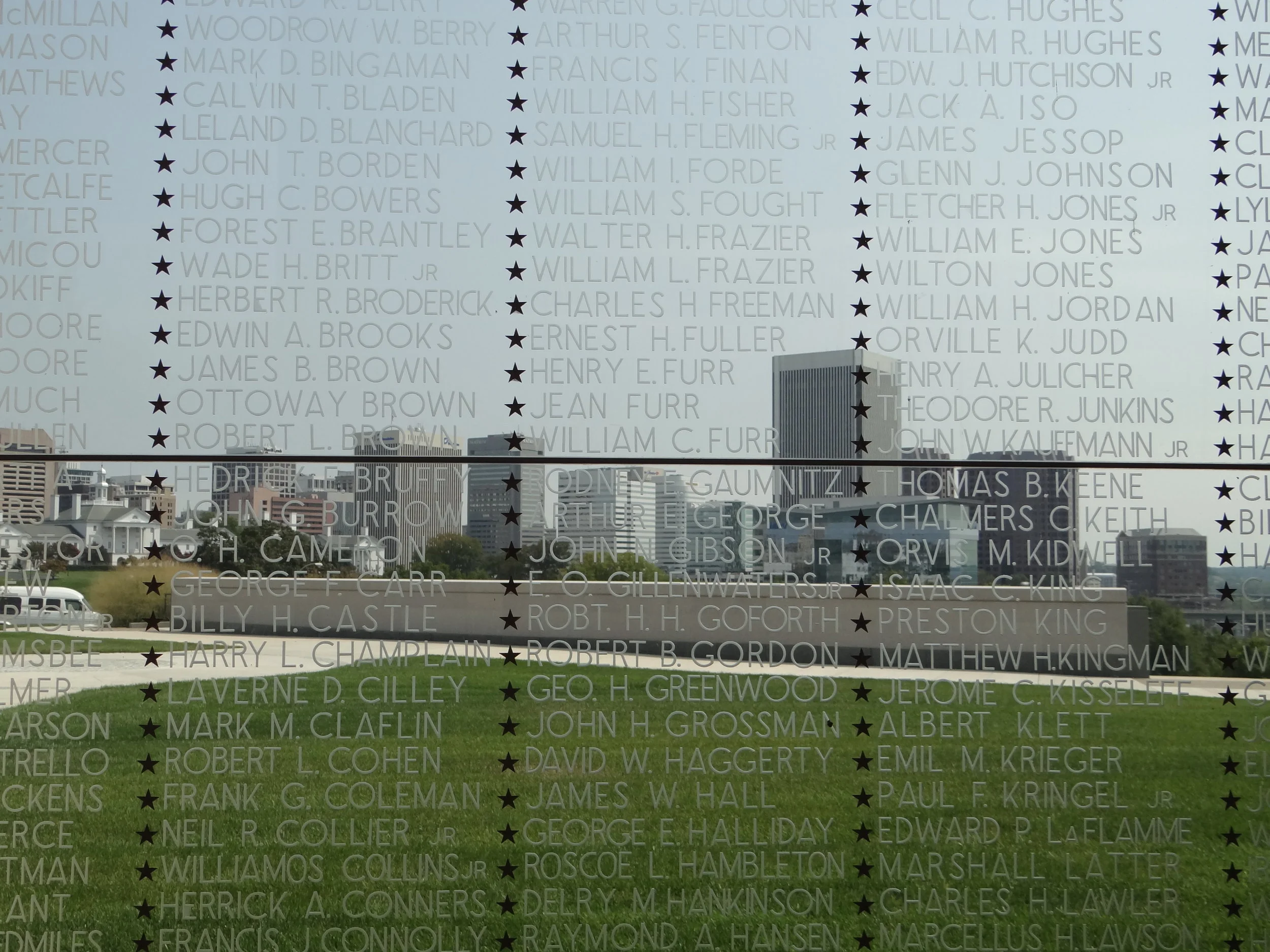 This is a view of downtown Richmond through the Virginia War Memorial.