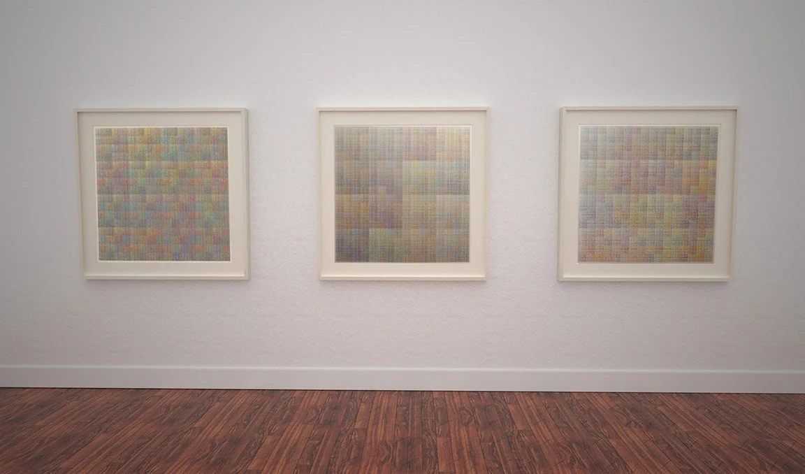 left to right: YCKM (2014), CMYK (2010), MYKC (2012) The Complete History of Capitalism , 2010-PRESENT (in progress) acrylic on mylar over canvas 56" x 56" Each painting within this series of 24 paintings is composed of 546,848 hand-painted miniature acrylic dots painted with a needle. A 4x4 grid of cyan, magenta, yellow, and black dots was employed to create 65,536 unique clusters arranged into a larger 4x4 composition. Each painting is a unique variation of the CMYK color code.