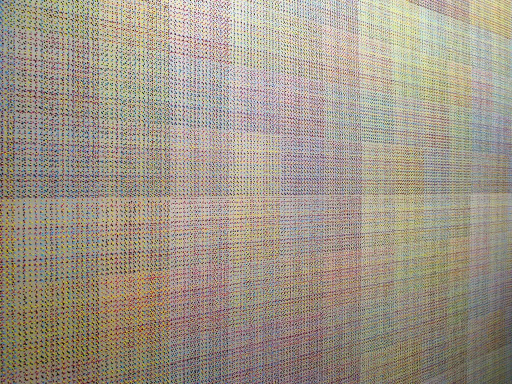 image above: detail of CMYK (2010) The Complete History of Capitalism , 2010-PRESENT (in progress) acrylic on mylar over canvas 56" x 56" Each painting within this series of 24 paintings is composed of 546,848 hand-painted miniature acrylic dots painted with a needle. A 4x4 grid of cyan, magenta, yellow, and black dots was employed to create 65,536 unique clusters arranged into a larger 4x4 composition. Each painting is a unique variation of the CMYK color code.