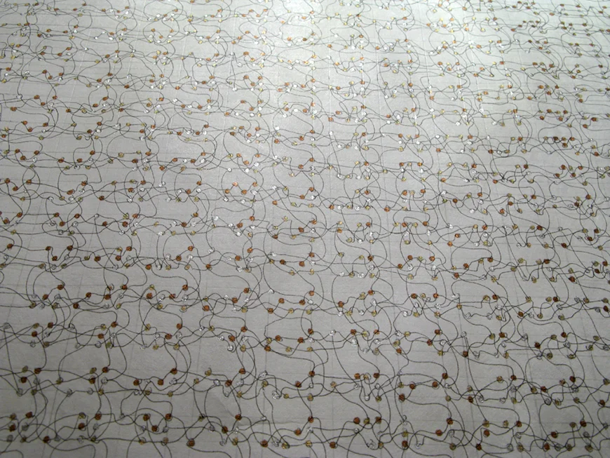 Image above: detail view Redwood , 2011 graphite, ink, and paint pen on polypropylene 102" x 257" Gold, silver, and copper dots were combined to form every permutation of a 3x5 matrix on top of a handmade graphite grid. Each color within the cluster is connected to the same color in the adjacent clusters with a meandering ink line. The 32,768 unique clusters are arranged to form a gradient of density starting at the lower right corner and culminating to total emptiness in the upper left corner. Information is omitted in the form of two large rectangles placed at different orientations. The entire pattern is placed off-center within the synthetic field of polypropylene paper that hangs away from the wall. Additionally, topography is introduced to the composition by the crumpling of the paper. The density of the crumpling mimics the density of the gradient.