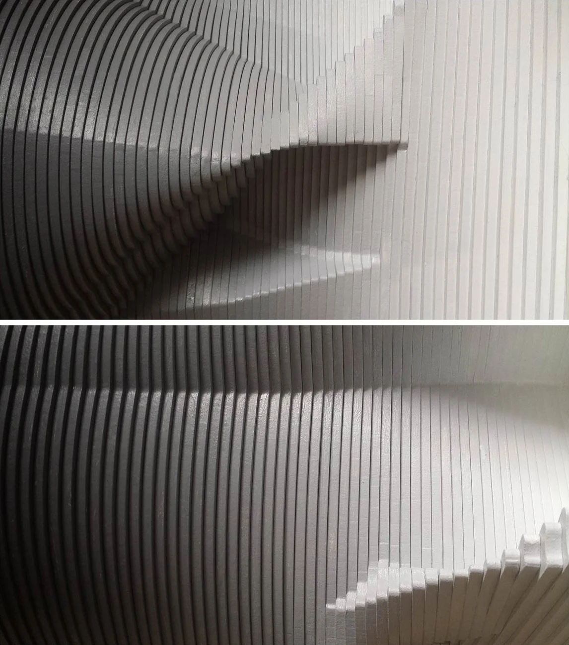 image above: detail views BLACK / WHITE , 2014 Acrylic on Hardboard Each letter: 16”x16”x16” Installation dimensions variable Inspired by the early writings of Ludwig Wittgenstein, I wanted to create a sculpture that illustrated as clearly as possible, some of the concepts surrounding the limitations of language. The use of antonyms (in this case: black and white) is intentional as they both symbolize and embody linguistic boundaries; asserting a finite universe within their confines, but requiring silence concerning anything that might lie beyond their borders. The resulting five letter/sculptures sit upon their own individual pedestals, promoting site specific installations while maintaining three rules: (1) they be arranged so each word is legibly formed and (2) with enough space in-between to allow movement around each letter and (3) they divide the space they occupy.