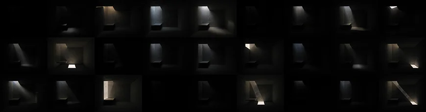 left panel showing 27 (of 81) rooms 27 Days of Depression and the Tao Te Ching , 2008 C-print 8"x90" 81 photographs of the interior of a miniature model are arranged into a 3x27 grid. Lighting levels and the angles of the sun attempt to illustrate my degree of comprehension for each of the 81 chapters of the Tao Te Ching over the course of 27 days. The titles of each photo are excerpts from each chapter.