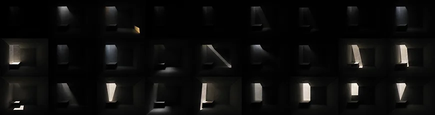 right panel showing 27 (of 81) rooms 27 Days of Depression and the Tao Te Ching , 2008 C-print 8"x90" 81 photographs of the interior of a miniature model are arranged into a 3x27 grid. Lighting levels and the angles of the sun attempt to illustrate my degree of comprehension for each of the 81 chapters of the Tao Te Ching over the course of 27 days. The titles of each photo are excerpts from each chapter.