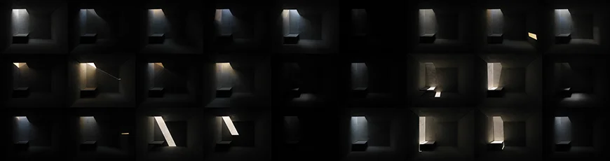 middle panel showing 27 (of 81) rooms 27 Days of Depression and the Tao Te Ching , 2008 C-print 8"x90" 81 photographs of the interior of a miniature model are arranged into a 3x27 grid. Lighting levels and the angles of the sun attempt to illustrate my degree of comprehension for each of the 81 chapters of the Tao Te Ching over the course of 27 days. The titles of each photo are excerpts from each chapter.