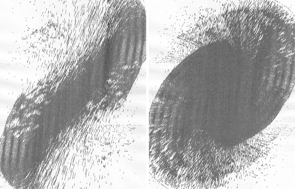 Ethos , 2011 Single Channel Video Made from 2,981 xerox copies Psalm 119, verse 89 from the King James Bible states: "...Forever, O LORD, thy word is settled in heaven". This animation was created by arranging this particular Bible passage into an hourglass-like composition and printing it on a single piece of paper. This original print was then copied using a xerox machine. This first copy was then placed into the xerox machine and copied to produce a second generation copy. This process of copying the copy was repeated 2,981 times. These copies were then scanned in the order they were copied and turned into a digital animation. Each copy represents a single year. The original text is widely believed to be written by King David who died 2,981 years ago, in 970 BC. Three different xerox machines were used to make the copies: the first machine to make the first 970 copies (970 BC - 0 CE), the second machine for the next 1,455 copies (0 CE - 1,455 CE), and a third for the remaining 556 copies (1455 - 2011 CE). The font used in the "original" print is identical to the one used in the Gutenberg Bible (B-42 Blackletter type), published in 1455 CE. The audio was created by recording a single xerox copy from each of the three machines and then fading-in and stretching that recording over the section of the animation each machine was responsible for producing. LINK to low res video