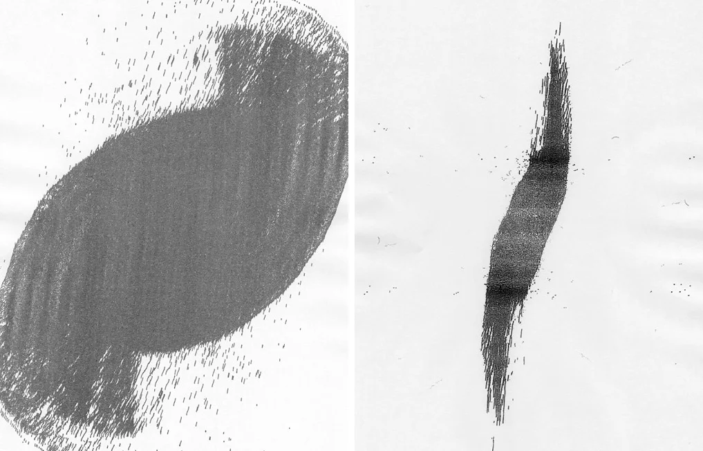 Ethos , 2011 Single Channel Video Made from 2,981 xerox copies Psalm 119, verse 89 from the King James Bible states: "...Forever, O LORD, thy word is settled in heaven". This animation was created by arranging this particular Bible passage into an hourglass-like composition and printing it on a single piece of paper. This original print was then copied using a xerox machine. This first copy was then placed into the xerox machine and copied to produce a second generation copy. This process of copying the copy was repeated 2,981 times. These copies were then scanned in the order they were copied and turned into a digital animation. Each copy represents a single year. The original text is widely believed to be written by King David who died 2,981 years ago, in 970 BC. Three different xerox machines were used to make the copies: the first machine to make the first 970 copies (970 BC - 0 CE), the second machine for the next 1,455 copies (0 CE - 1,455 CE), and a third for the remaining 556 copies (1455 - 2011 CE). The font used in the "original" print is identical to the one used in the Gutenberg Bible (B-42 Blackletter type), published in 1455 CE. The audio was created by recording a single xerox copy from each of the three machines and then fading-in and stretching that recording over the section of the animation each machine was responsible for producing. LINK to low res video