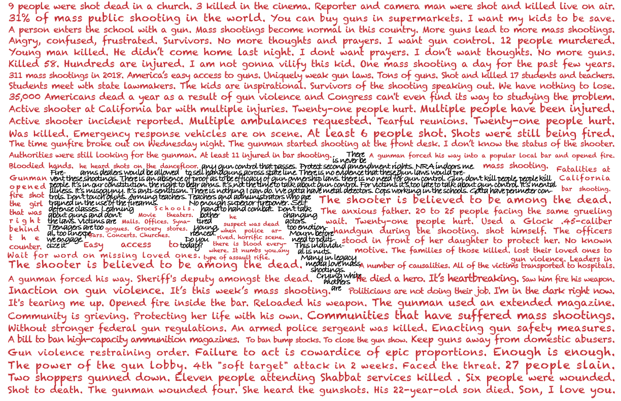 The shooting this week is what prompted me to make this poster. The text in red are real quotes from news posts, interviews of victims, their families and survivals, and footage I looked thought online. The text in black are quotes from anti-gun control supporters.