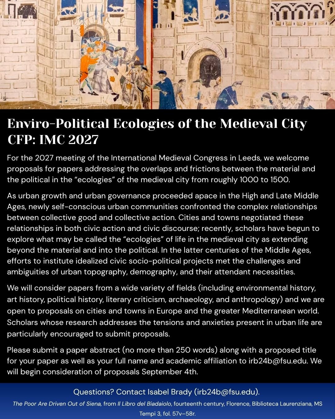 Call For Papers IMC Leeds 2027: Enviro-Political Ecologies of the Medieval City