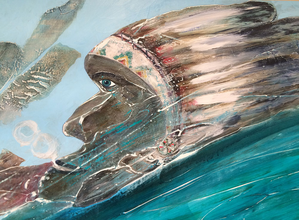Close-up of a blue-eyed Indian Chief on panel two symbolizing the interconnectedness of all things. We are all one born from the same source. He blows smoke rings that form an infinity symbol fanned by a wand of eagle feathers over the sea. The univ