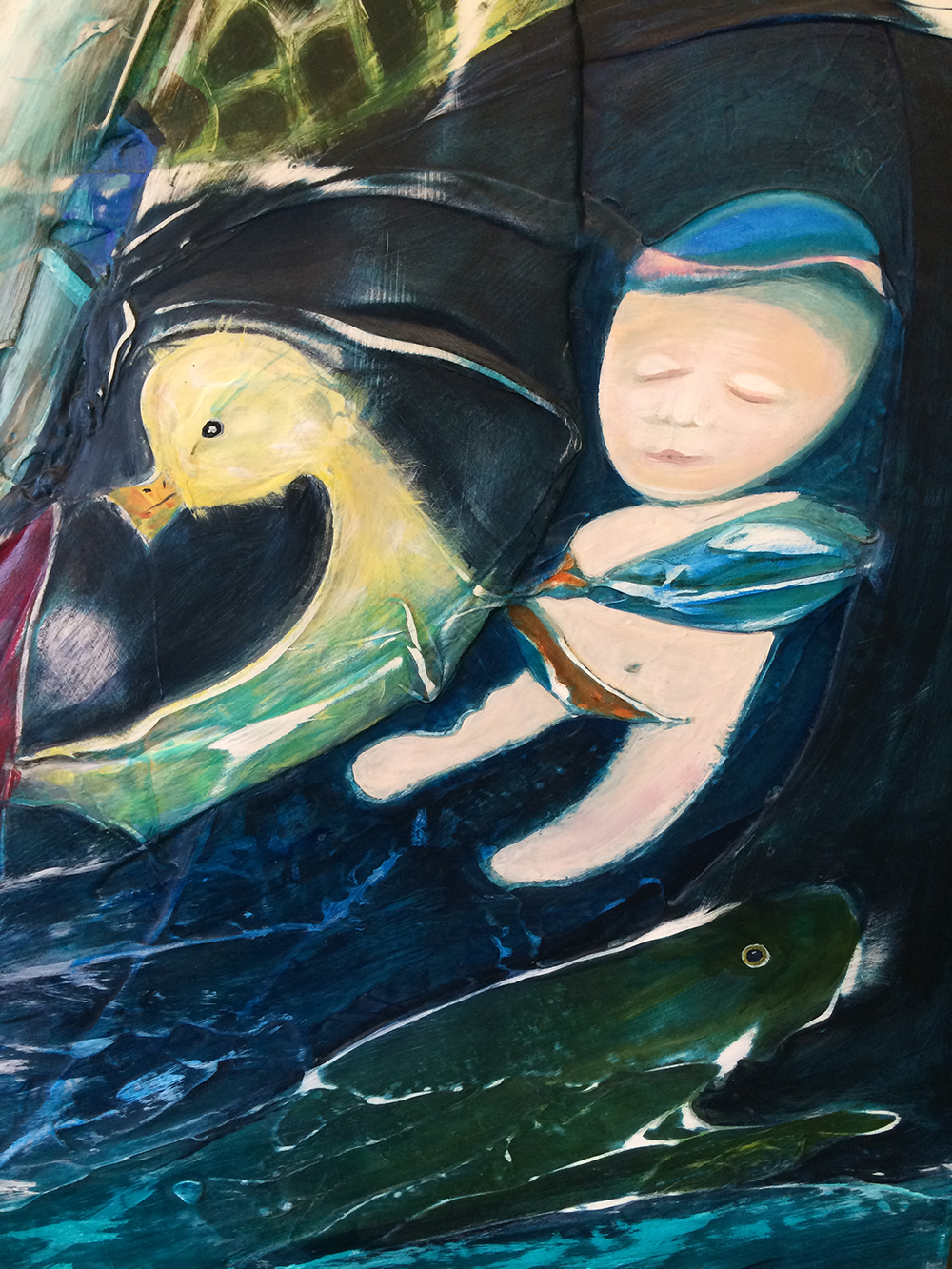 Even closer on panel one. A new baby born from the water of a womb that opens directly into the ocean. A duckling by it's side brings sweetness and safety. Underneath, a frog almost hidden symbolizes frog medicine, akin to water energy, a pollywog i