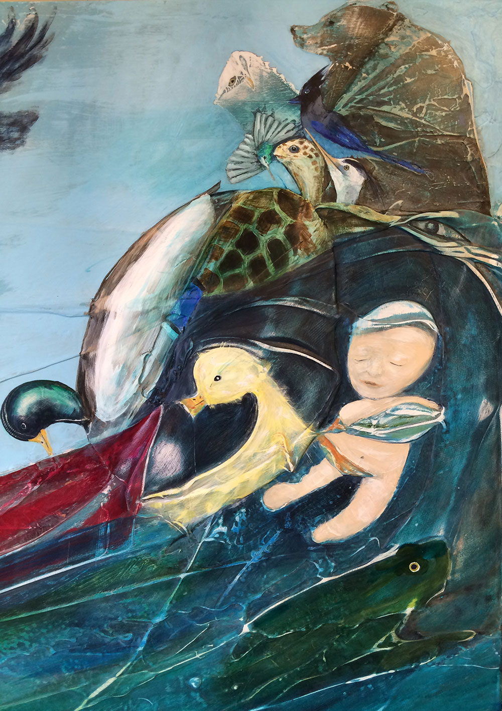 Close-up of the first panel. Turtle is the oldest symbol for mother earth. A hummingbird symbolic of ancestors and pureness.