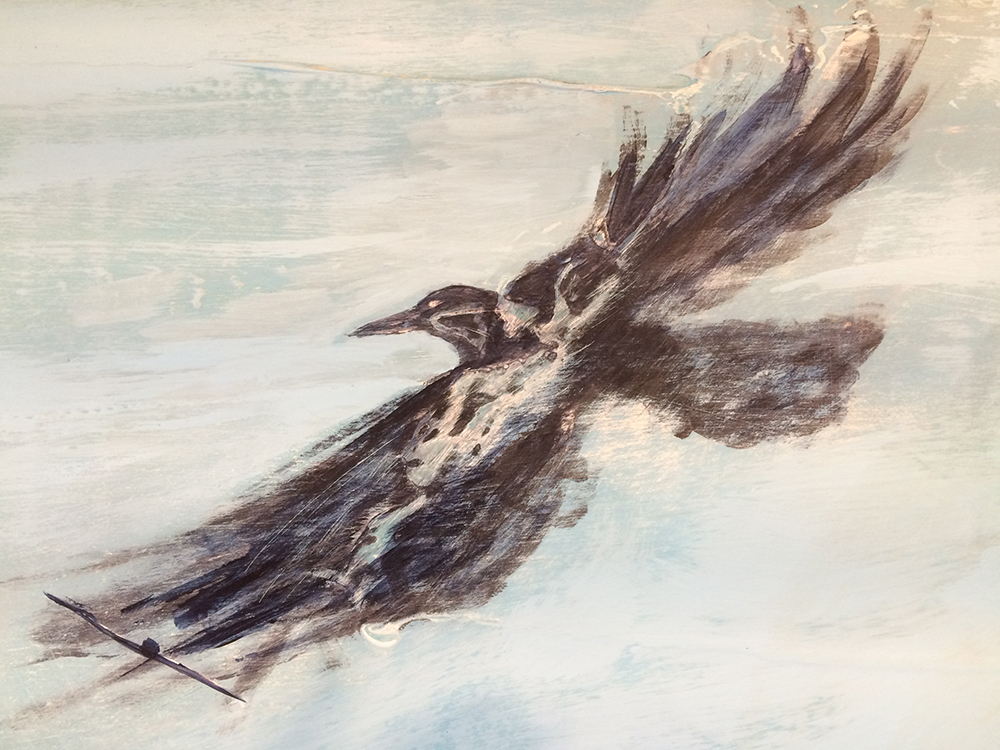 Close-up of Raven on panel one carrying the medicine of magic symbolizing a change in consciousness to help bring about a new reality.