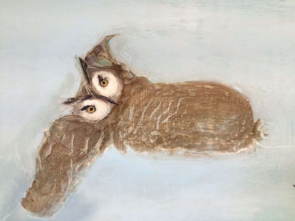 Close-up of a wise owl watching over the scene on panel one. Owl is considered a sacred medicine bird and a symbol of wisdom because it can see in the dark what others cannot.