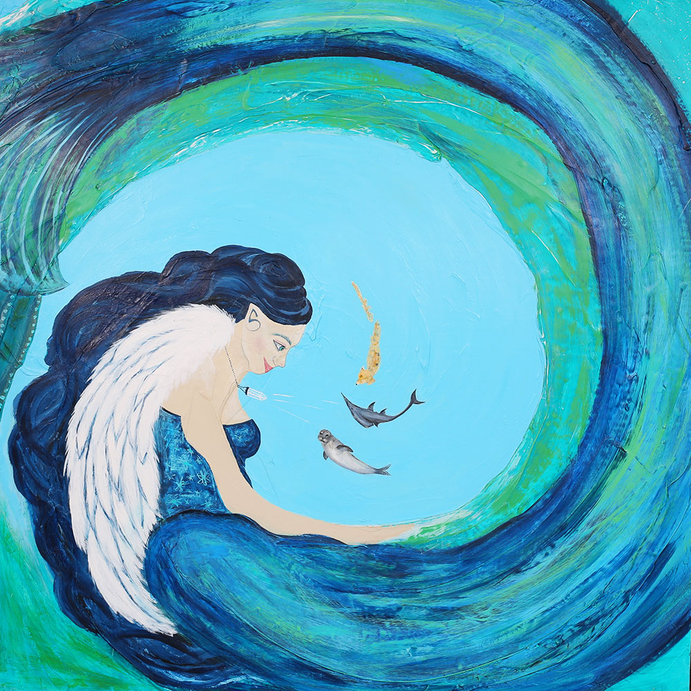 The seventh and final panel. Finally a mermaid in Walt Disney style enraptures a swimming fox, a shark and a seal, sending healing energy through her crystal necklace. She is telepathically sharing a message and symbolically representing the mysteri