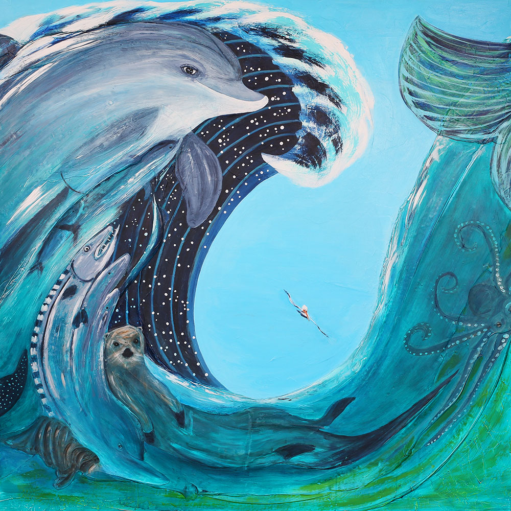 The sixth panel. The dolphin jumped out of nowhere from the texture of the under painting demanding to be seen. I was stunned at first because I never put it there and it wasn't what I planned on painting. I textured over it with a bucket of paint m