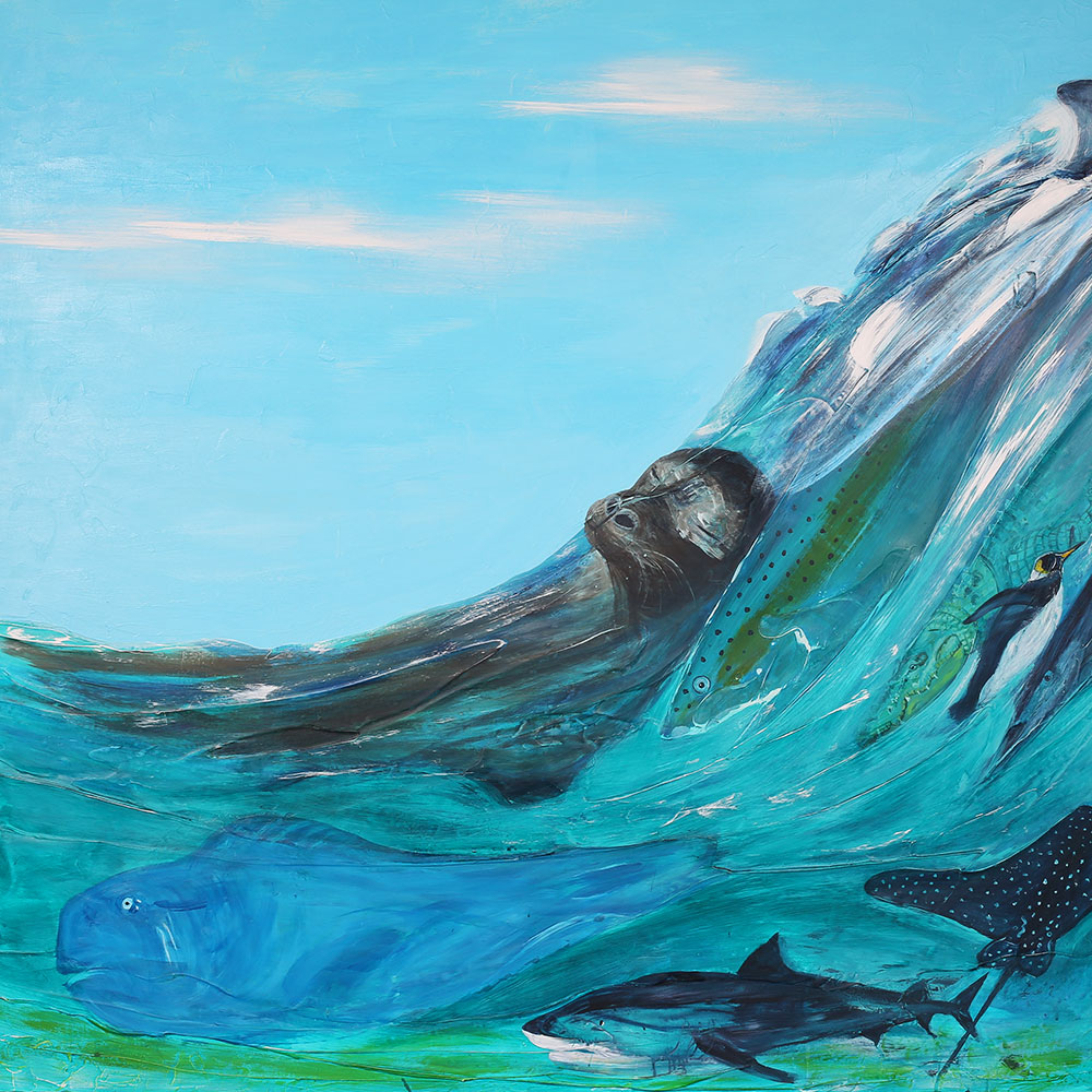 The fifth panel. Seal, shark crocodile and penguin and even a blue parrot fish share the same water harmoniously and joyfully.