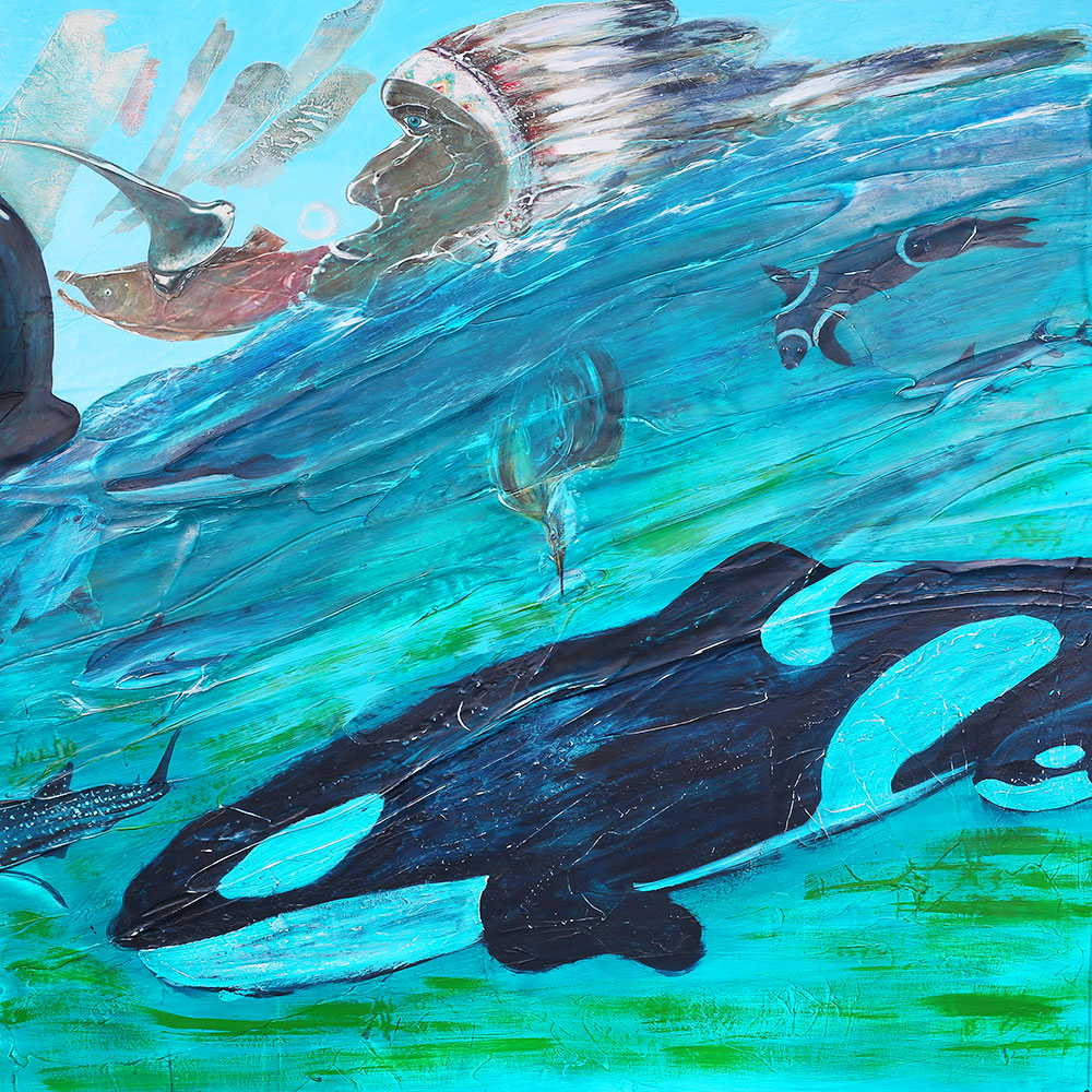Panel two depicts not only the blue-eyed Indian chief but a school of dolphins that symbolize the breath of life, an orca whale and a ribbon seal. A Salmon seems to be in the ceremony representing the sacred keeper of wisdom and inner knowing who, d