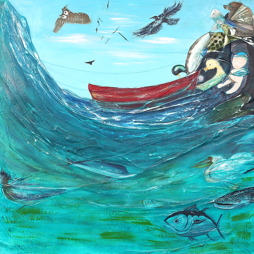 The first 5ft panel of 7. A mallard duck pushes an empty red canoe. A bald headed eagle on a feather, a brown bear, a stellar jay, a hummingbird and a dolphin in what appears to be a native medicine peoples mythological creation story but the cloake