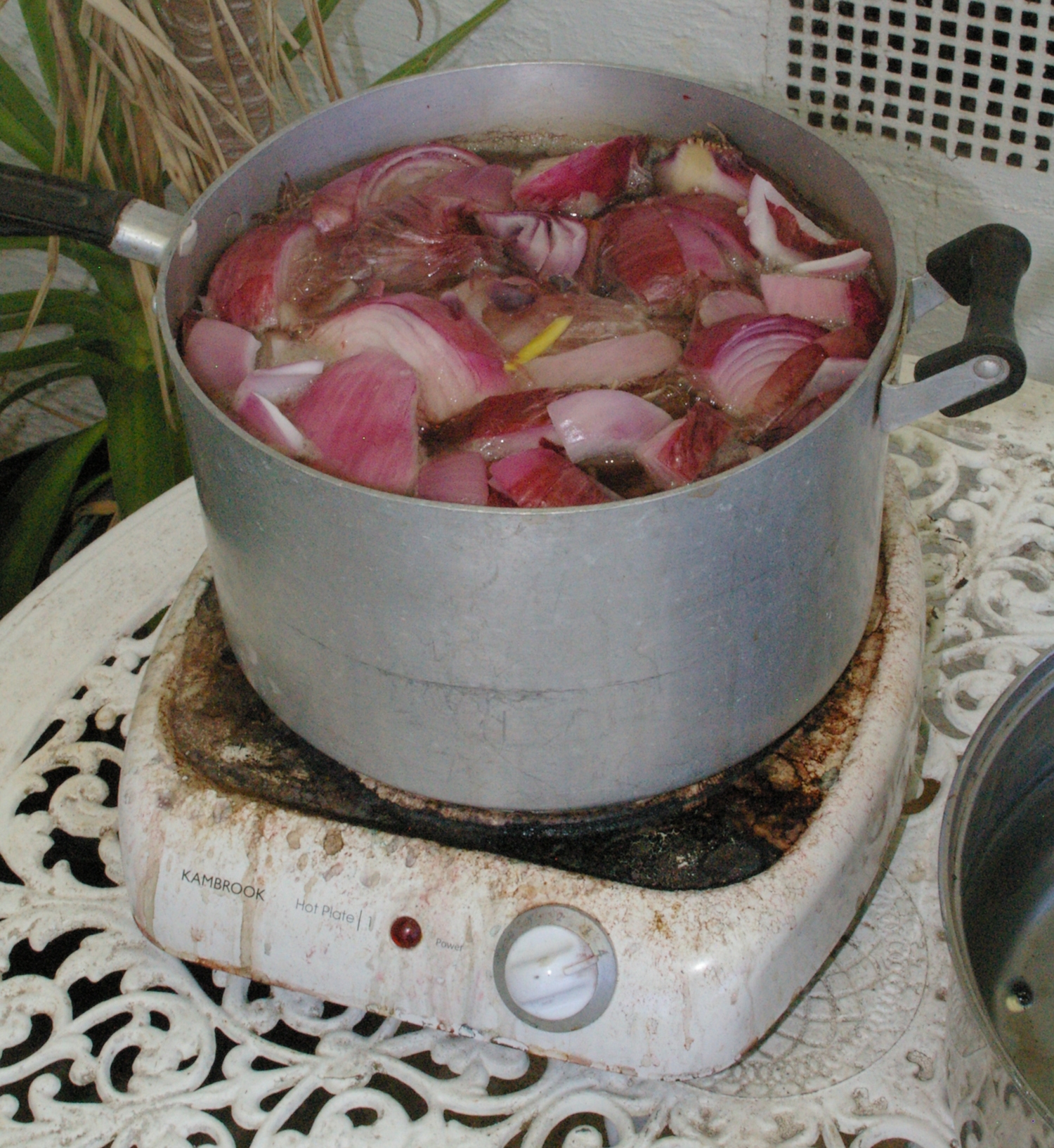 Boiling up red onions.