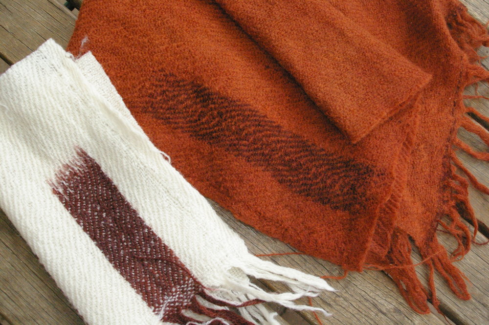 Handwoven twill cloth, undyed and Eucalyptus dyed.