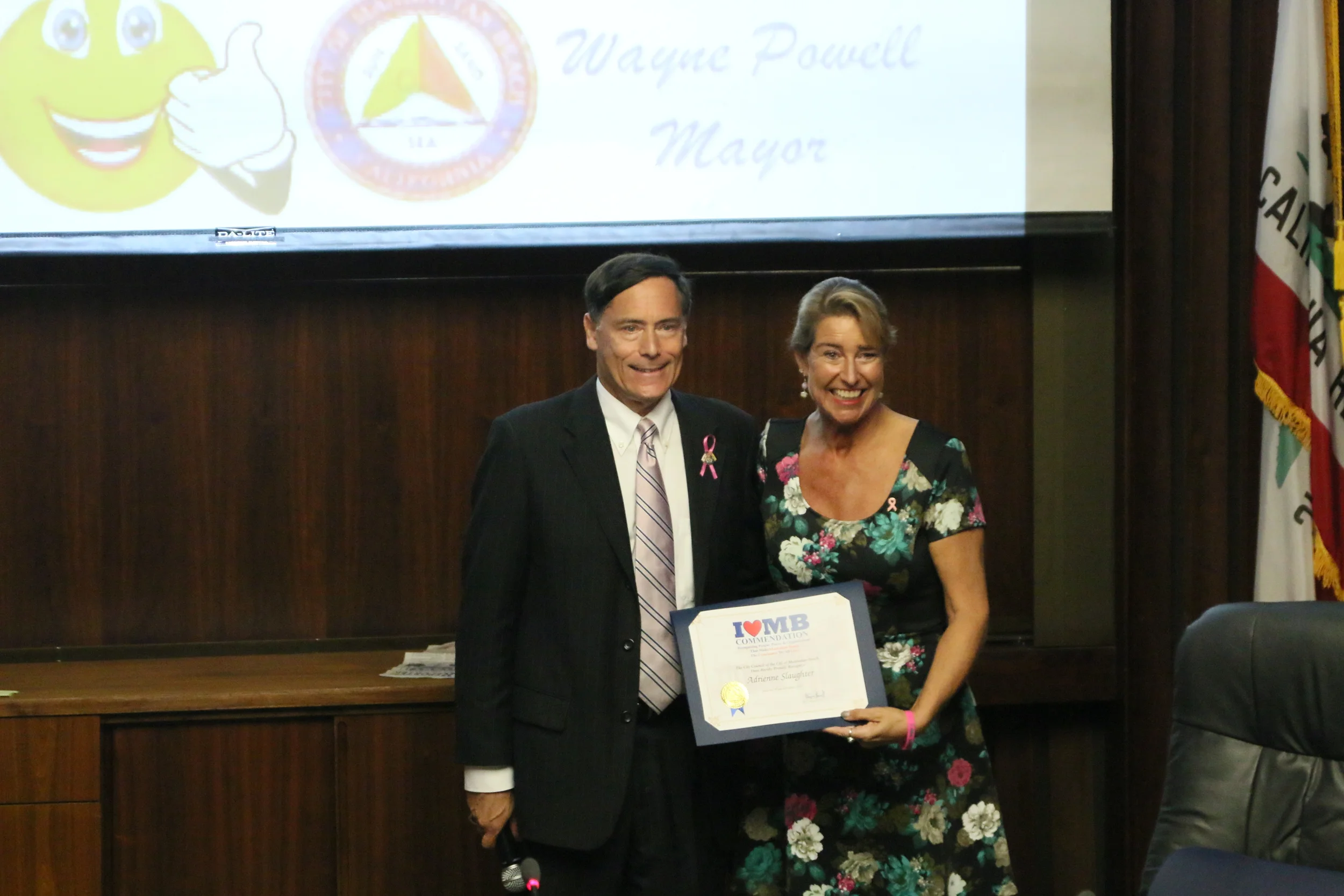Manhattan Beach Mayor Wayne Powell presents Certificate of Commendation to Adrienne Slaughter, October 2014, at Manhattan Beach City Council.