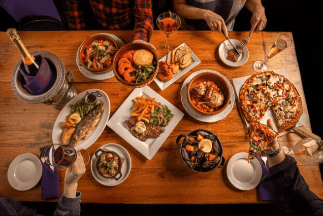  Food and Wine.  Bistro table.  Overhead shot. 