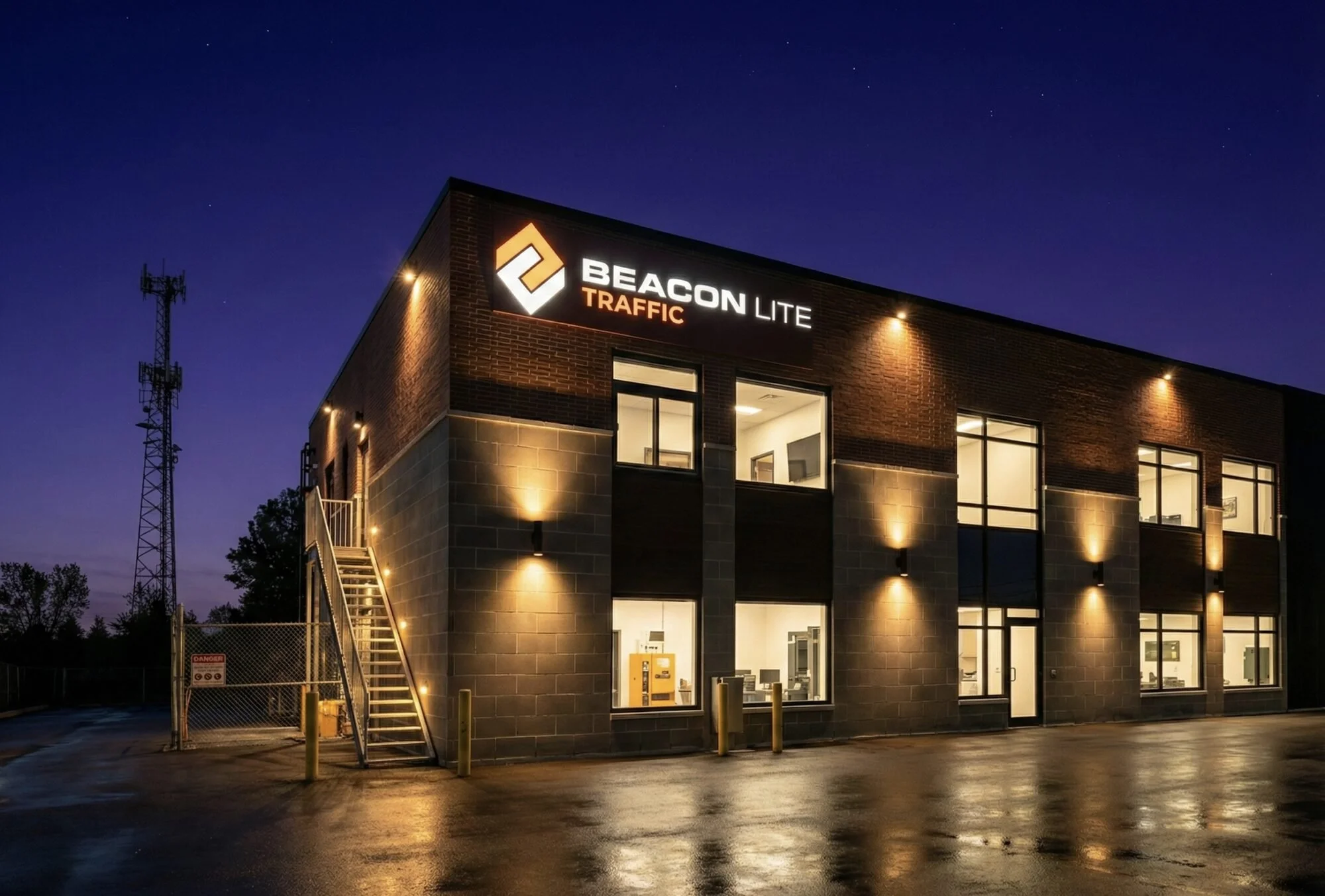 Beacon Traffic Lite commercial building exterior at night